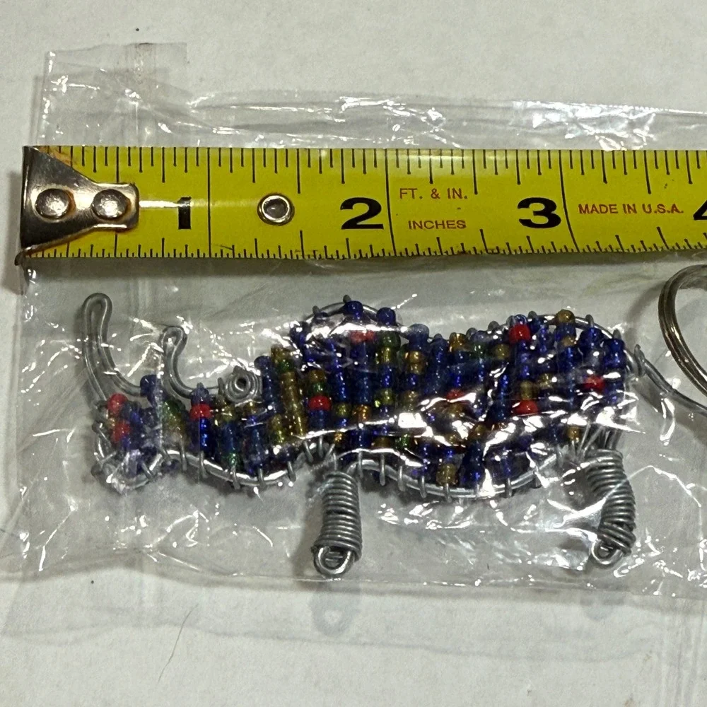 Handmade Beaded Wire Rhinoceros Keychain Blue Red Animal Art Bag Charm